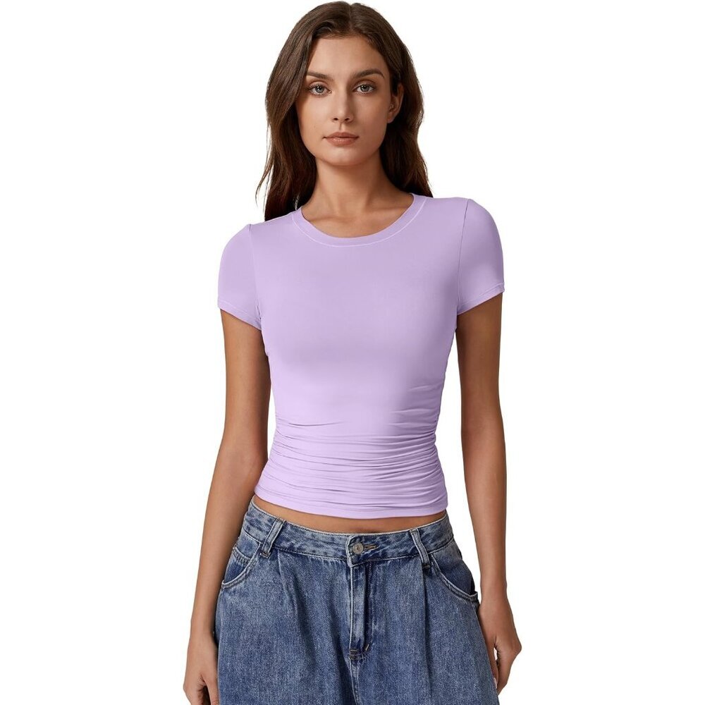 Women's Crop Tops Pink Short Sleeve Classic Y2K Round Neck Side Ruched Pleated - Picture 3 of 6